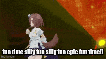 a girl with a dog tail is dancing on a stage with the words `` fun time silly fun epic fun time ! ''