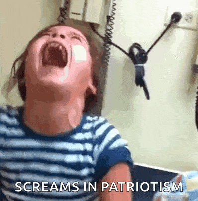 a child is screaming with the words " screams in patriotism " below him