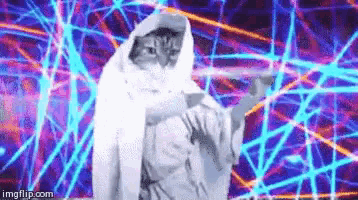 a cat in a white robe is standing in front of a purple and blue background .