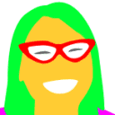 a cartoon drawing of a woman with green hair and red glasses