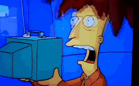 a cartoon of a man holding a box with his mouth wide open