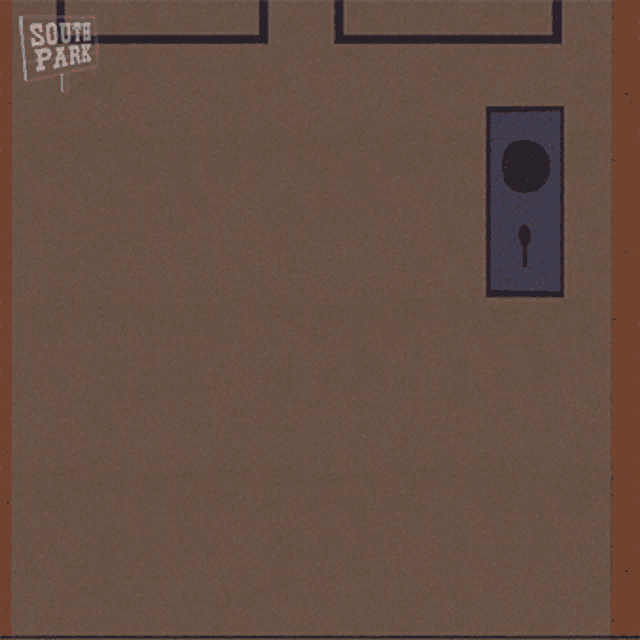 a cartoon character from south park stands in front of a brown door