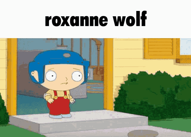 a cartoon character wearing a blue helmet is standing in front of a house with the name roxanne wolf written above him