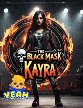 a poster for the black mask kayra shows a woman standing in front of a fire circle