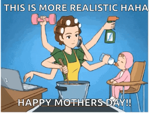 a cartoon of a woman cooking and talking on a cell phone while a baby drinks from a bottle ..