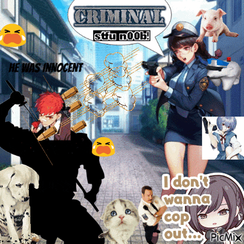 a collage of anime characters including a police officer and a dog