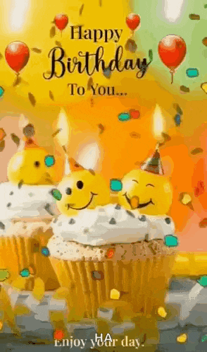a happy birthday to you greeting card with cupcakes , candles , and balloons .