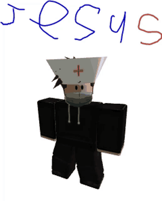 a drawing of a person wearing a nurse 's hat and a mask with the word jesus written above them