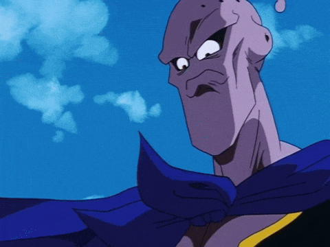 a purple cartoon character with a blue cape on