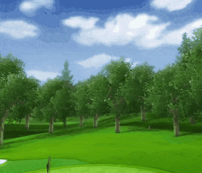 a computer generated image of a golf course with trees and a blue sky