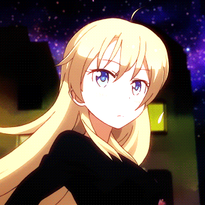 a girl with blonde hair and blue eyes is wearing a black top