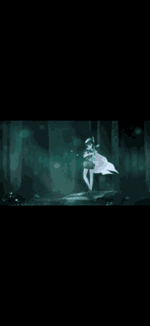 a girl is standing in a dark forest holding a sword .
