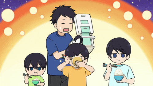 a cartoon drawing of a family eating food