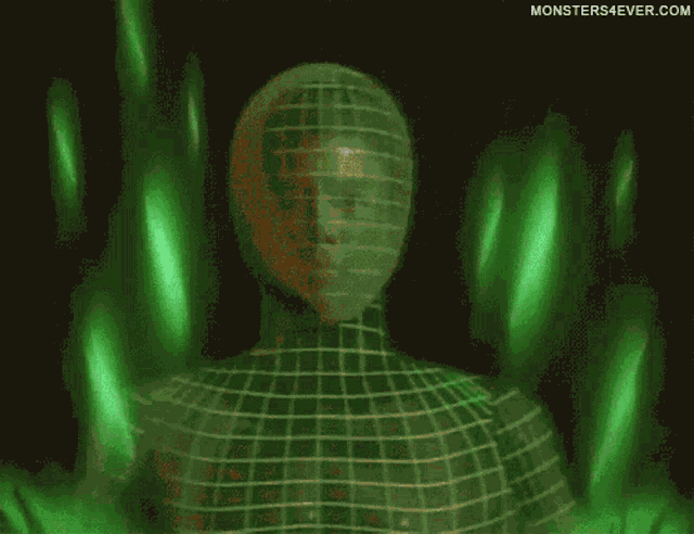 a monster is surrounded by green lights and the website monsters4ever.com is visible
