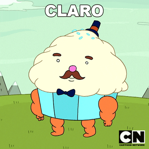 a cartoon of a cupcake with a mustache and a top hat with the word claro above it