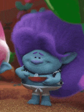 a troll with purple hair is holding a watermelon in his hand