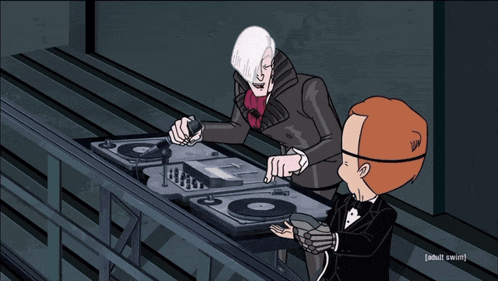 a cartoon of a man in a tuxedo standing next to a record player with the words adult swim on the bottom right