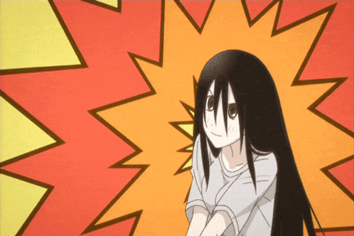 a cartoon drawing of a girl with long black hair and a yellow and orange background