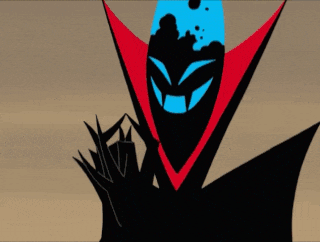 a cartoon character with a red collar and a blue face