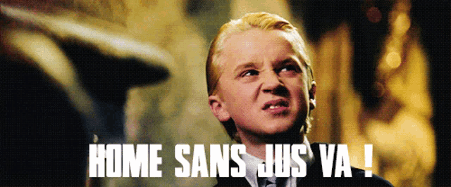 a man in a suit with the words home sans jus va written below him