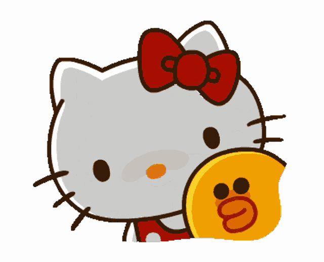 a gray hello kitty with a red bow holds a yellow duck