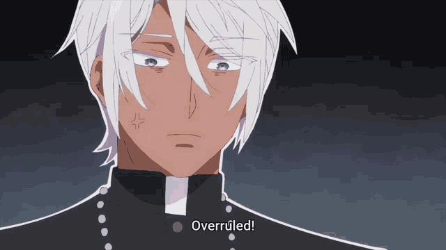 a man with white hair says " overruled " in a black shirt