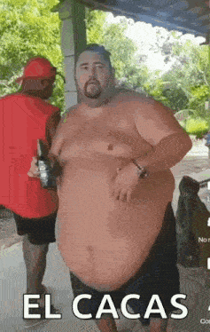 a man with a very large belly is standing next to another man holding a bottle of beer .