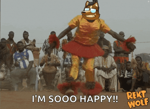 a group of people are watching a man dressed as a cat dancing in front of them with the caption i 'm sooo happy