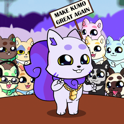 a cartoon cat holds a sign that says make kumo great again