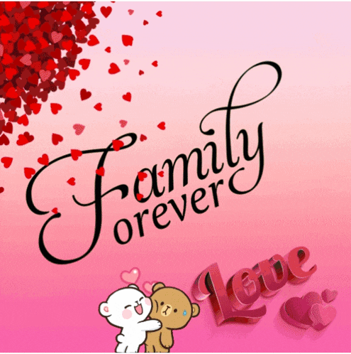 a pink background with red hearts and the words family forever