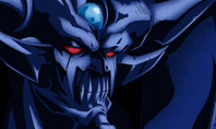 a close up of a demon with red eyes