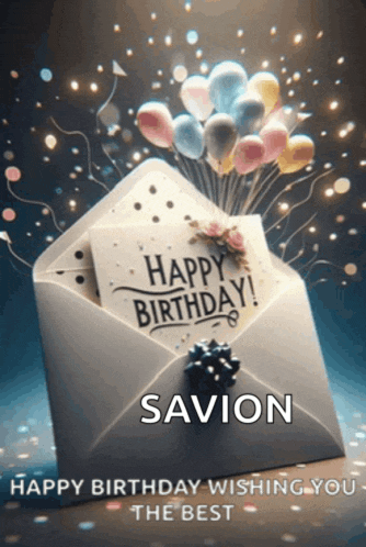 an envelope with balloons and a card that says " happy birthday "