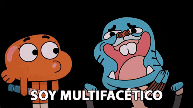 two cartoon characters standing next to each other with the words " soy multifacetico " below them
