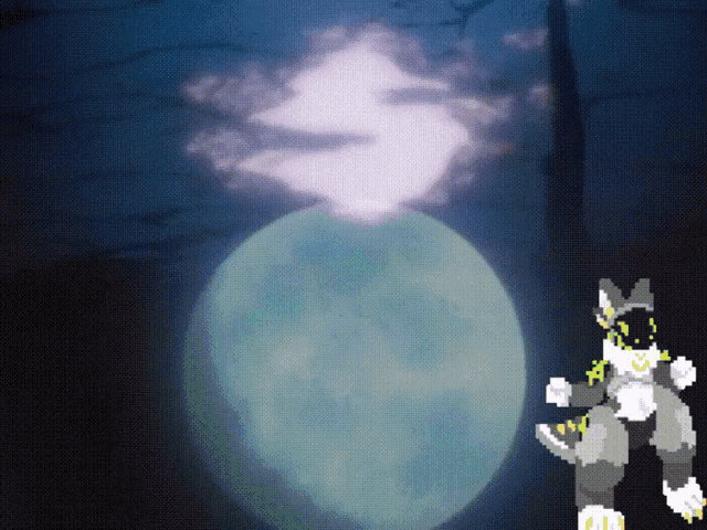 a pixel art drawing of a cat in front of a full moon