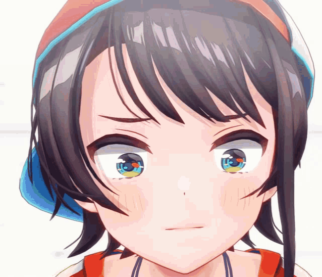 a close up of a anime girl 's face with a hat on