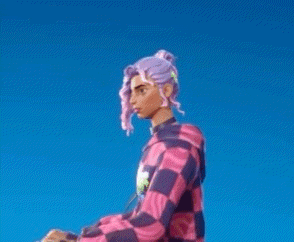 a man with purple hair is wearing a pink and blue checkered hoodie against a blue sky .