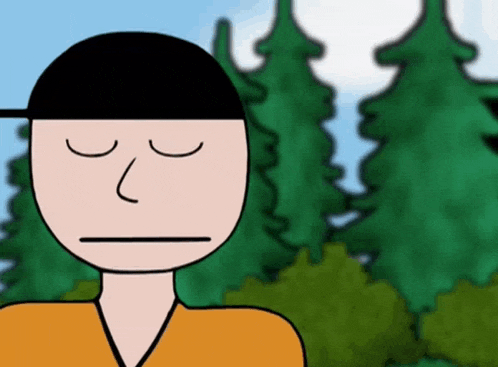 a cartoon of a man with his eyes closed in front of a forest