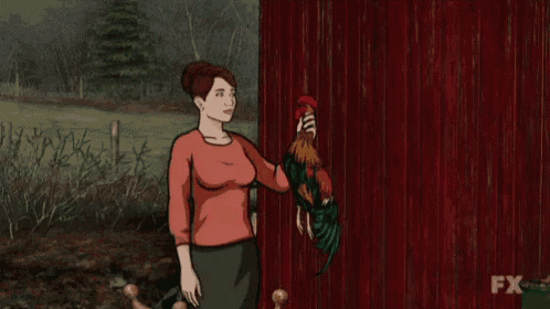 a cartoon of a woman holding a rooster with the words bawk bawk above her