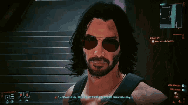 a video game screen shows a man wearing sunglasses and a beard