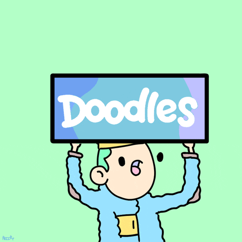 a cartoon character is holding up a sign that says " doodles "