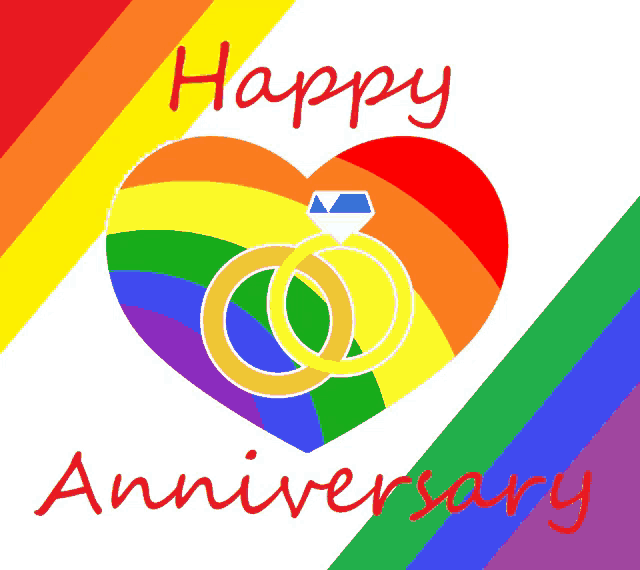 a rainbow heart with two wedding rings on it and the words happy anniversary