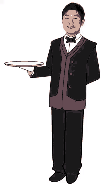 a man in a tuxedo holds a tray in his hand