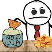 a man is dipping a tortilla chip into a nice dip