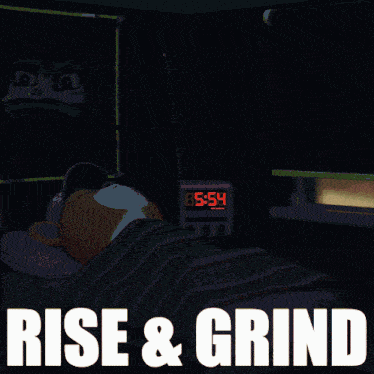 a bed with a pink alarm clock and the words rise & grind below it