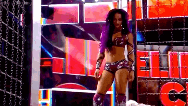 a female wrestler is standing in front of a barbed wire fence .