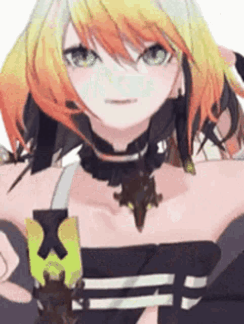 a girl with blonde hair and green eyes is wearing a choker and a necklace with a rat on it .
