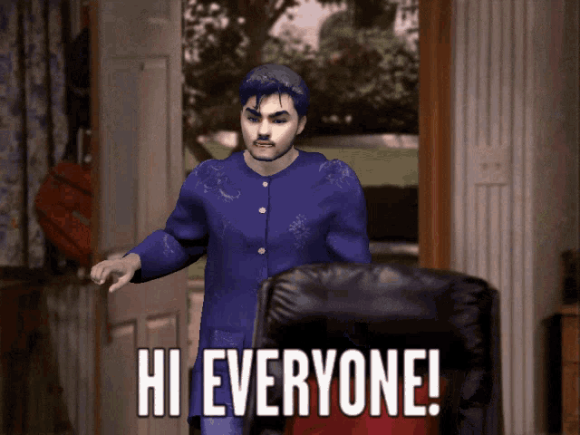 a man in a blue jacket is standing in front of a door and says hi everyone