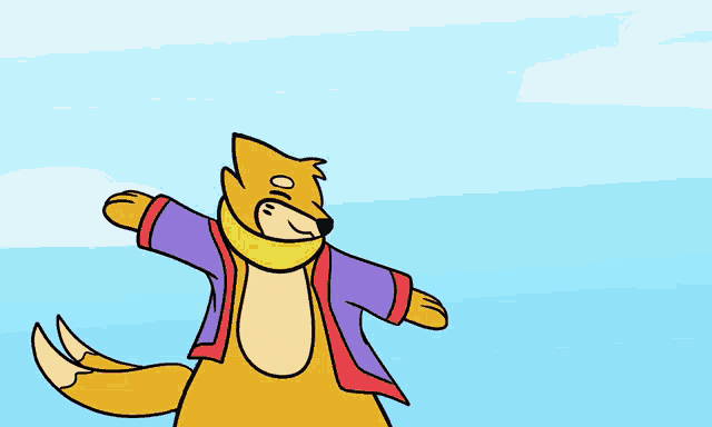 a cartoon of a fox wearing a purple jacket and a yellow scarf
