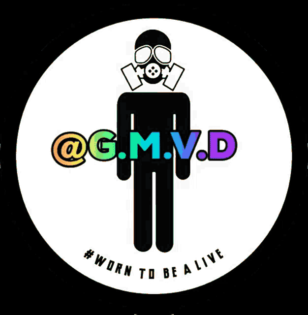 a logo for @g.m.v.d has a man wearing a gas mask