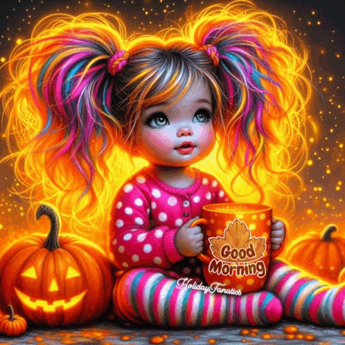 a little girl is holding a cup that says good morning on it